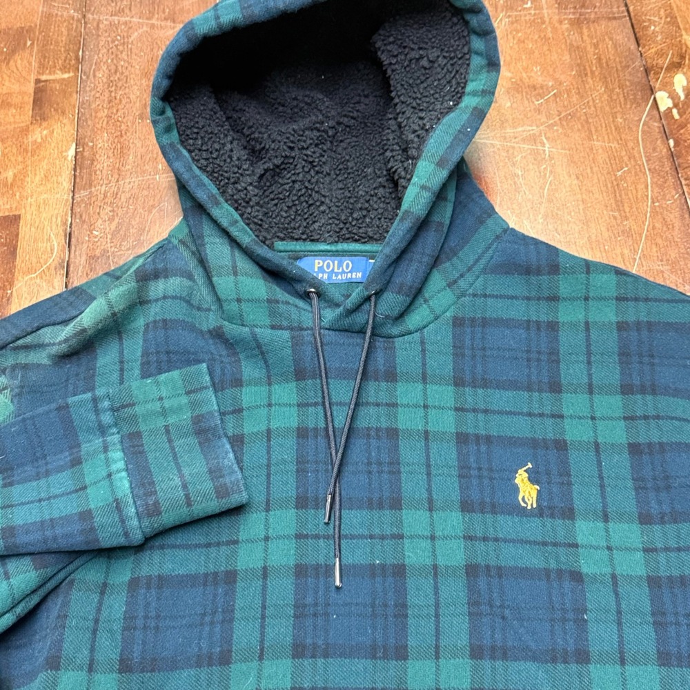 Polo Ralph Lauren Hoodie Mens L Green Black Watch Plaid Sherpa Lined Pullover